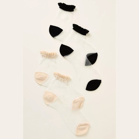 NEW Sheer Crew Socks, Set of 2 - by Anthropologie, Beige/Black - Picture 1 of 1